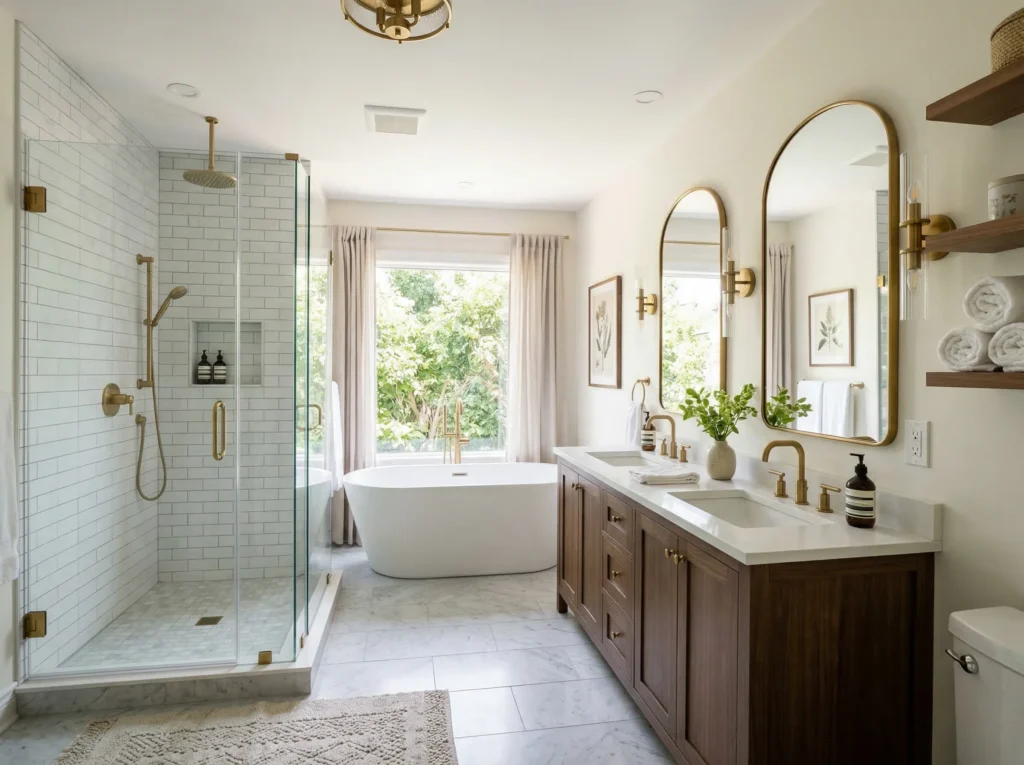 Bright bathroom with a glass-enclosed shower, brass fixtures, and a freestanding tub by a window. dark wood double vanity opposite.